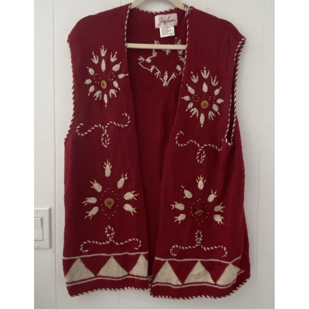 VTG Jaclyn Smith Open Knit Sweater Vest Sz Large Grandma Red Stitch & Embroidery